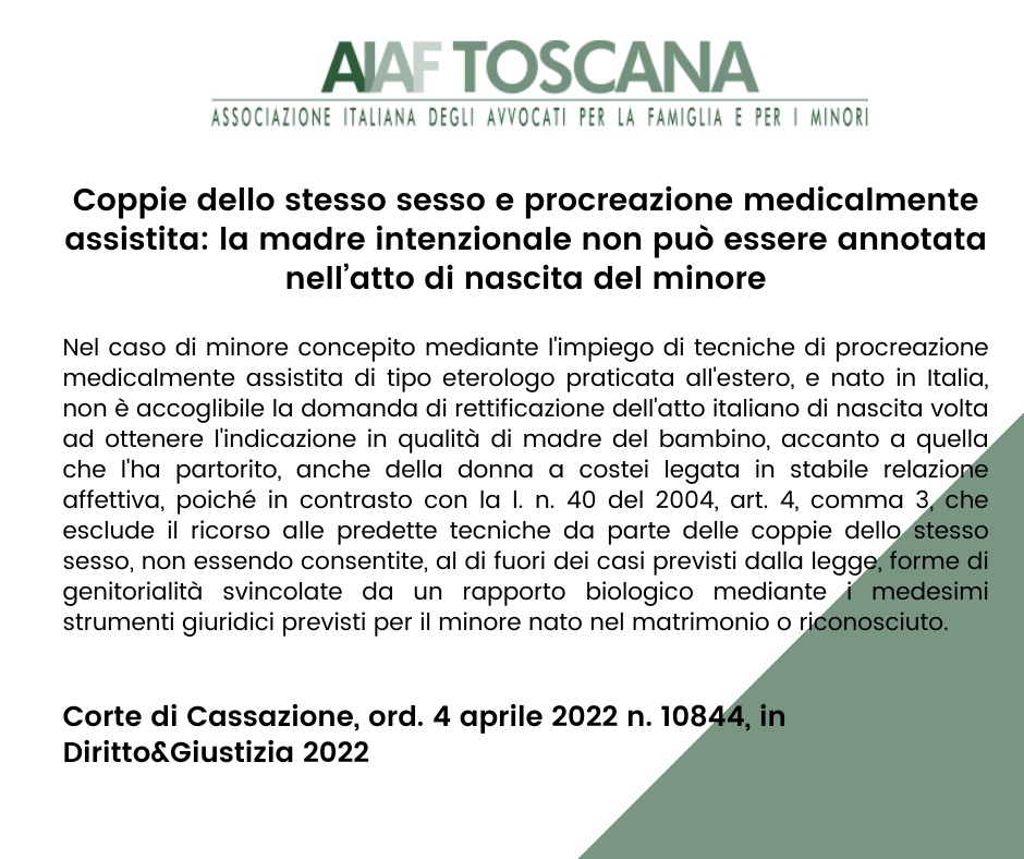 Coppie dello stesso sesso e procreazione medicalmente assistita: la madre intenzionale non può essere annotata nell’atto di nascita del minore